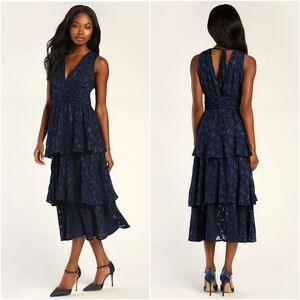 Lulus Dress Womens L Navy Blue Jacquard Tiered Midi Boho Wedding Guest Cocktail